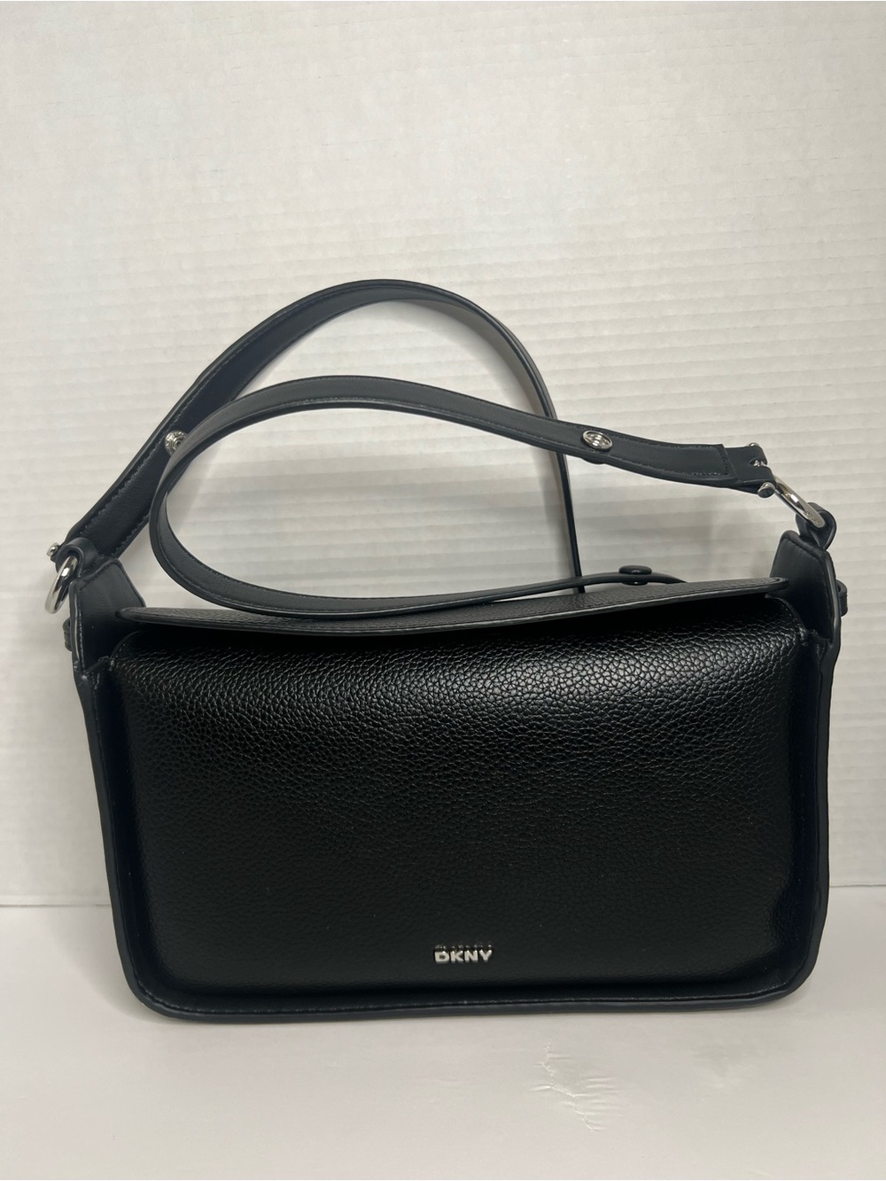 DKNY Black Pebbled Leather Crossbody Shoulder Bag with Silver Hardware